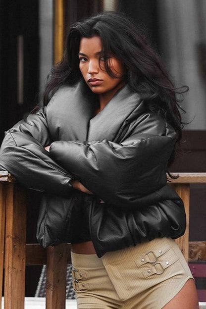 Luvik | Nahkasta valmistettu seisova kaulus lyhyt puffatakki