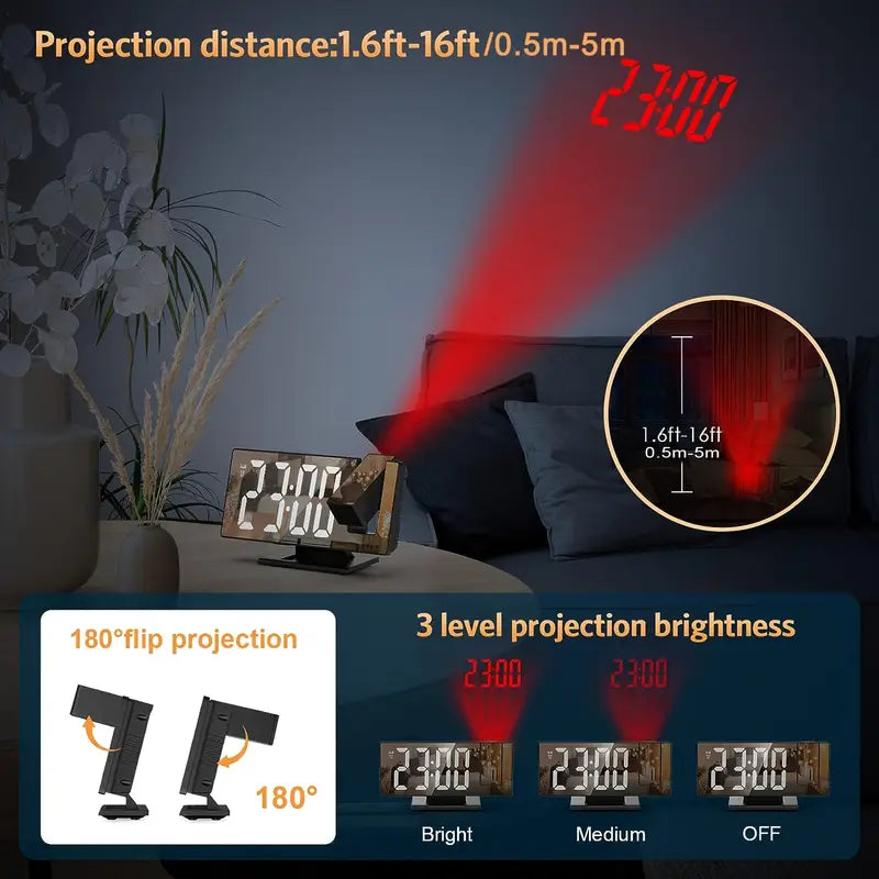 Luvikno | 180° Justerbar LED prosjektionsvekkerklokke – Snus, 12/24H Tid & Temperaturvisning, Speildesign – USB-drevet, Nattmodus & Minnefunksjon