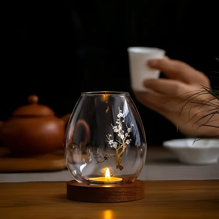 2-delt sett glasskandelholdere med tresokkel - dekorativ i retro zen-stil | perfekt for stue, borddekorasjon og utendørs | Luvikno