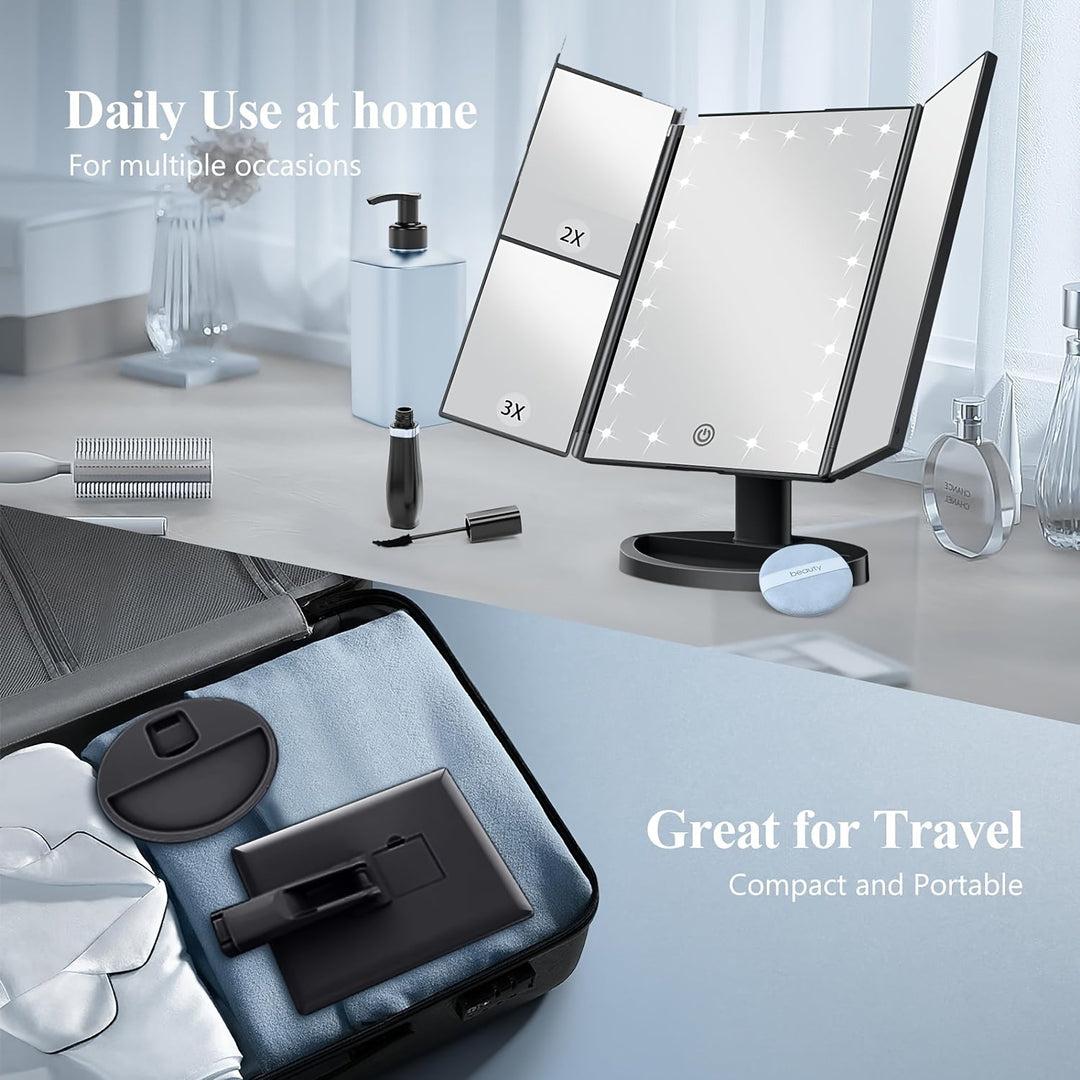 GlowMirror – Sammenleggbar LED Sminkespeil med 3x/2x Forstørrelse | Luvikno