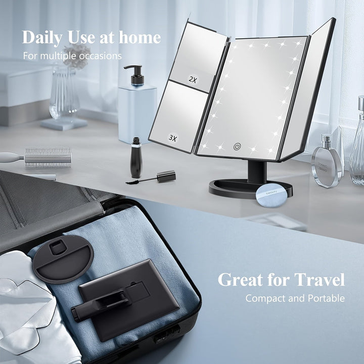 GlowMirror – Sammenleggbar LED Sminkespeil med 3x/2x Forstørrelse | Luvikno