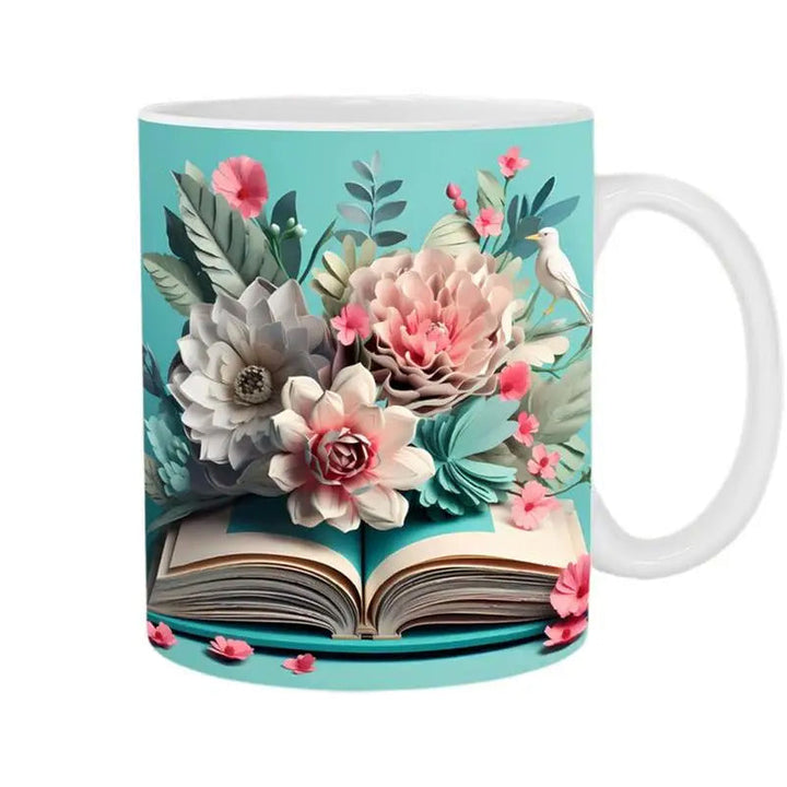 3D Kunstnerisk Vakker Floral Bøker Kaffe Krus - Bokelsker Gave | Luvikno