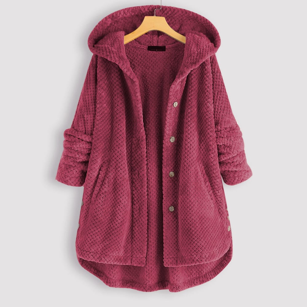 Puolipitkä, käännettävä fleece-takki hupulla talveksi