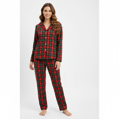 Luvik | Joulun punainen ja vihreä ruudullinen nappisuljenta perhe-iltapuvut