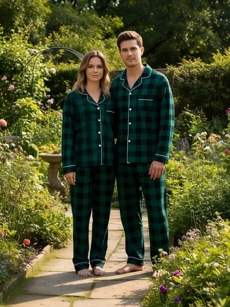 Luvik | Joulun perheelle sopivat vihreät ruudulliset nappikauluspaitapajamasetit pitkähihaisella