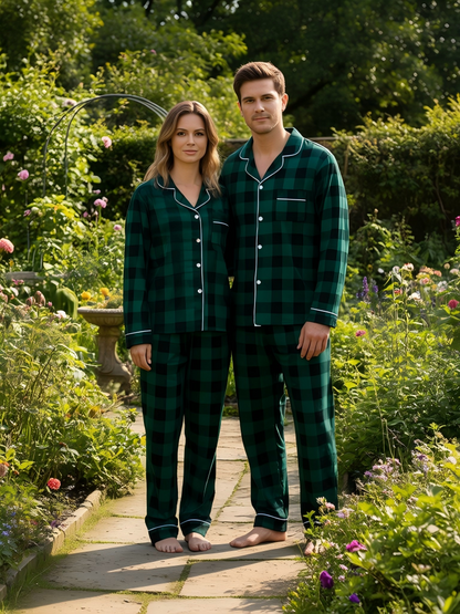 Luvik | Joulun perheelle sopivat vihreät ruudulliset nappikauluspaitapajamasetit pitkähihaisella