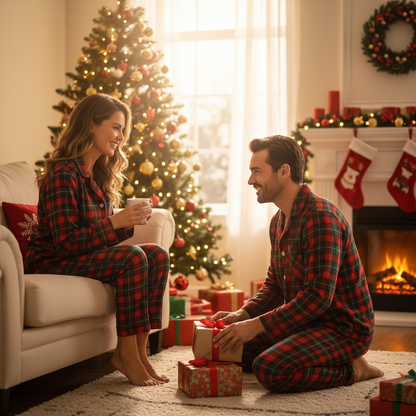 Luvik | Joulun punainen ja vihreä ruudullinen nappisuljenta perhe-iltapuvut