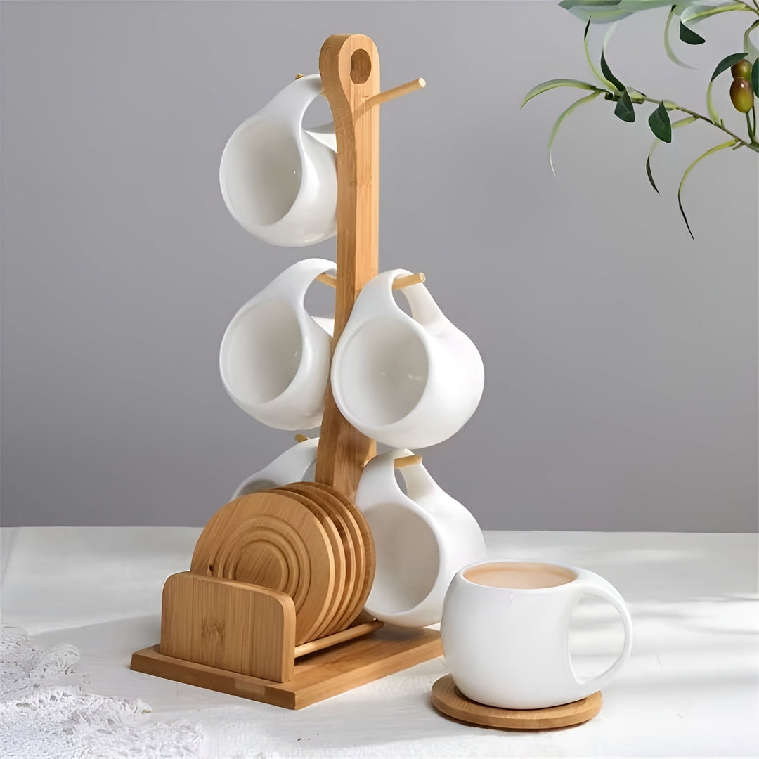 Keramisk Kaffe Krus Sett med Tallerken & Stativ – Stilig og Dekorativ | Perfekt for Kafé og Hjem | Luvikno