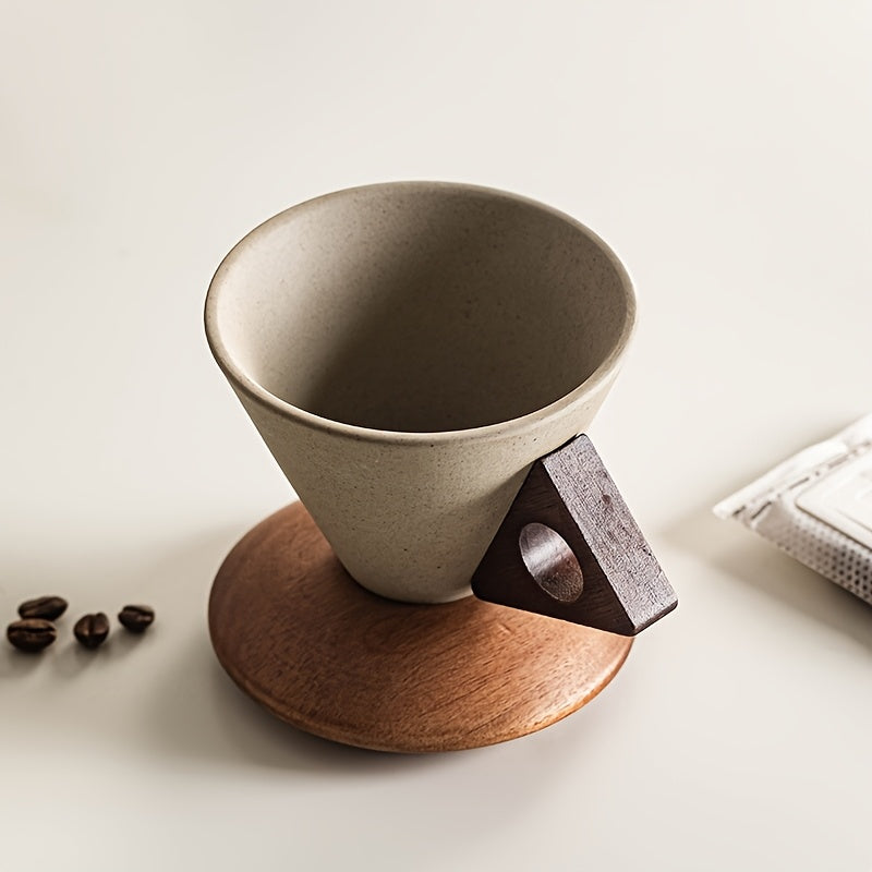 BaristaLuxe Keramisk Kaffekopp 250ml – Håndlaget med Trehåndtak og Underlag | Luvikno