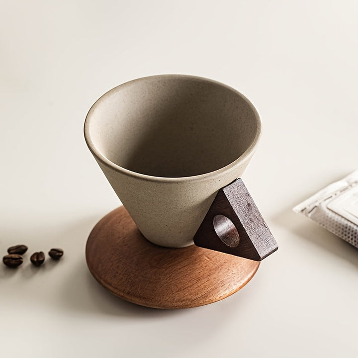 BaristaLuxe Keramisk Kaffekopp 250ml – Håndlaget med Trehåndtak og Underlag | Luvikno