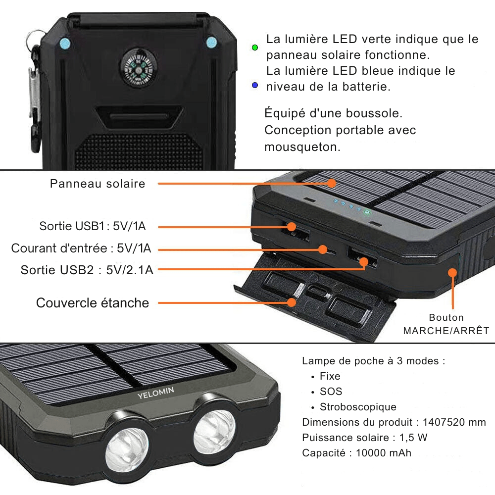 Luvikno | Vanntett Støtsikker Solbatteri 10 000 mAh | Soloppladbar