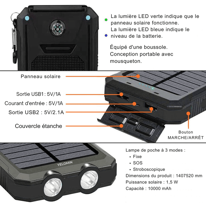 Luvikno | Vanntett Støtsikker Solbatteri 10 000 mAh | Soloppladbar