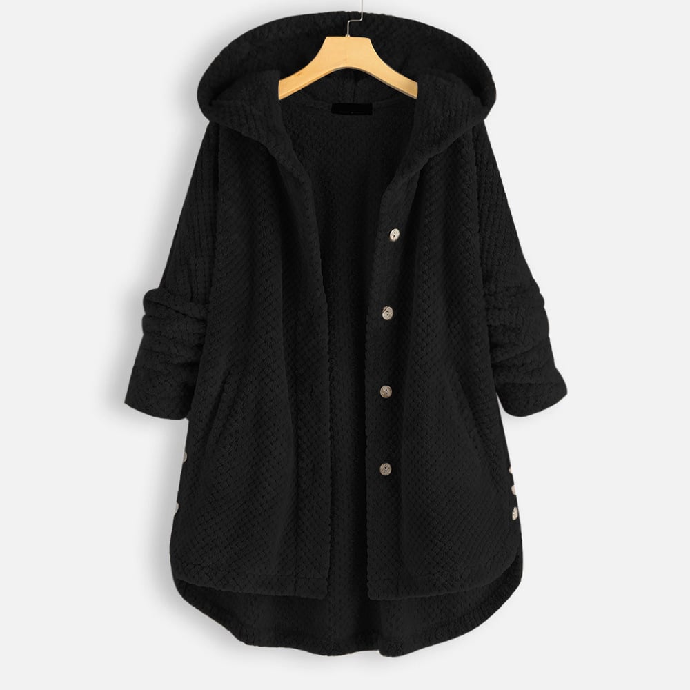 Puolipitkä, käännettävä fleece-takki hupulla talveksi