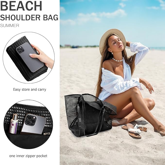 Foldbar mesh strand tote bag med innerlomme | Luvikno