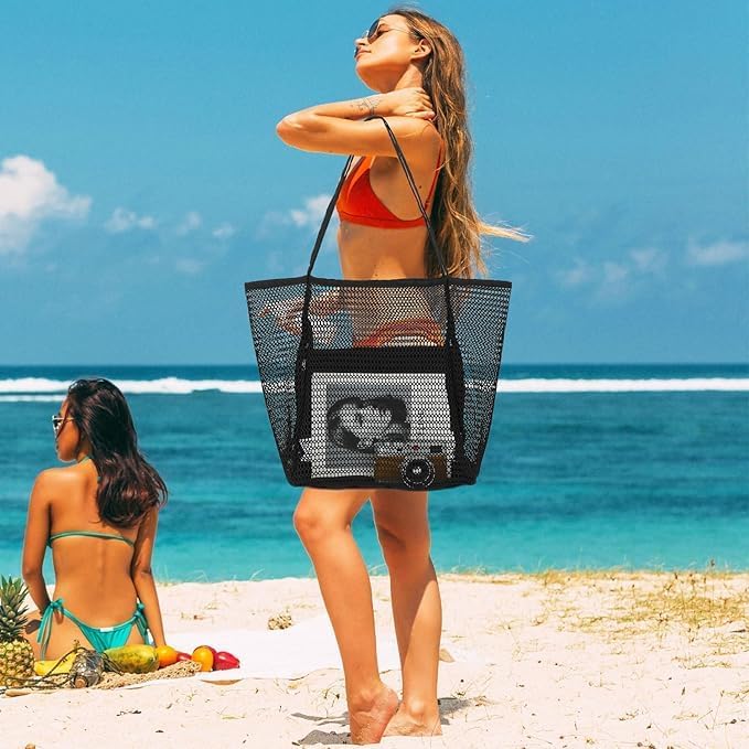 Foldbar mesh strand tote bag med innerlomme | Luvikno