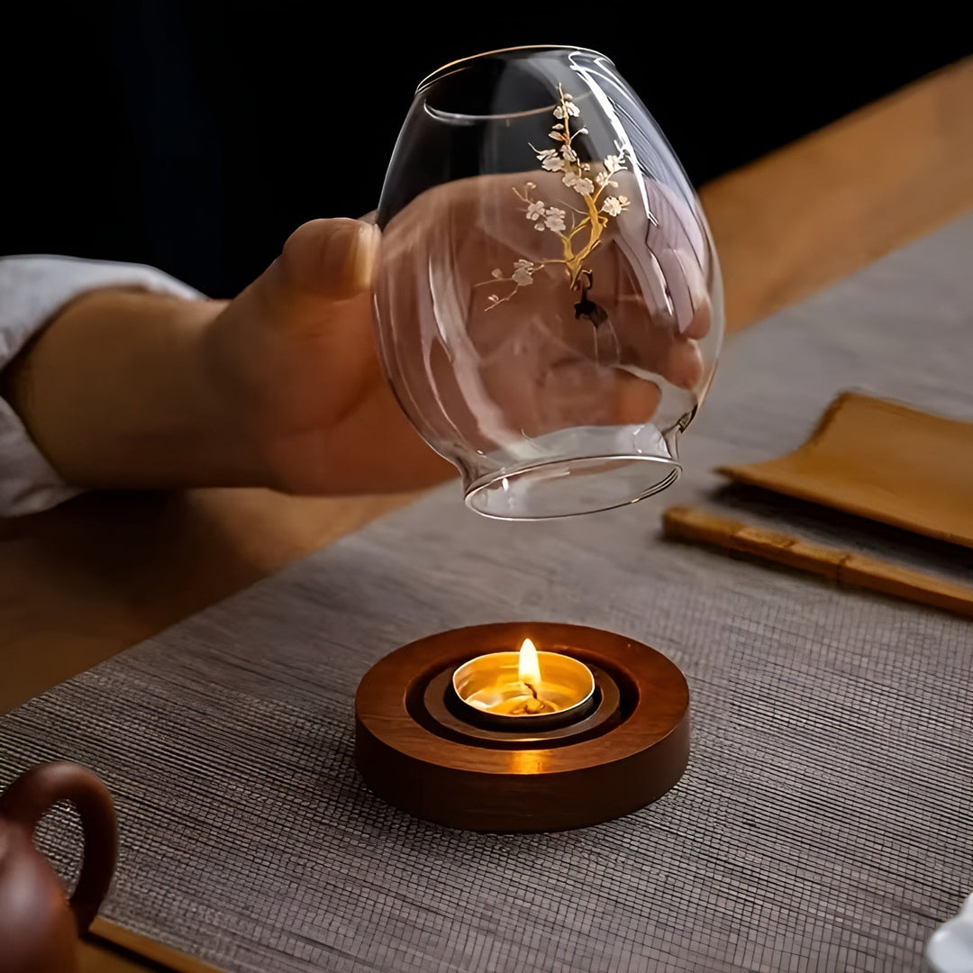 2-delt sett glasskandelholdere med tresokkel - dekorativ i retro zen-stil | perfekt for stue, borddekorasjon og utendørs | Luvikno