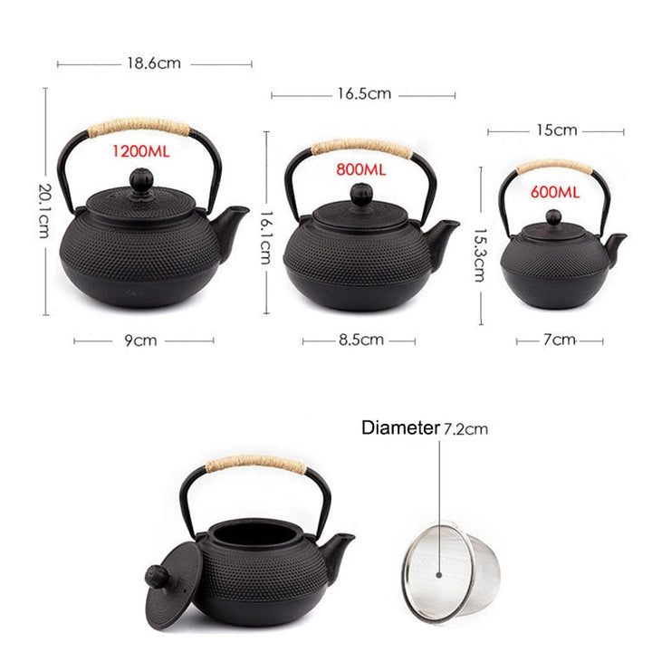 Svart jernkjele med infuser, støpejerns tekjele for vannkoking | Luvikno