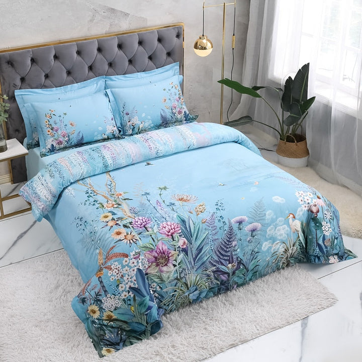 Azure Bloom Duvet Cover Set (Egyptian Cotton, 500 TC) | Luvikno