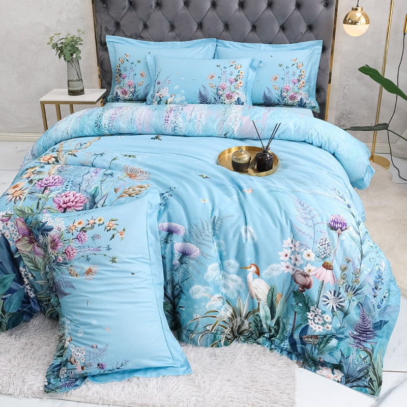 Azure Bloom Duvet Cover Set (Egyptian Cotton, 500 TC) | Luvikno