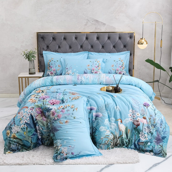 Azure Bloom Duvet Cover Set (Egyptian Cotton, 500 TC) | Luvikno