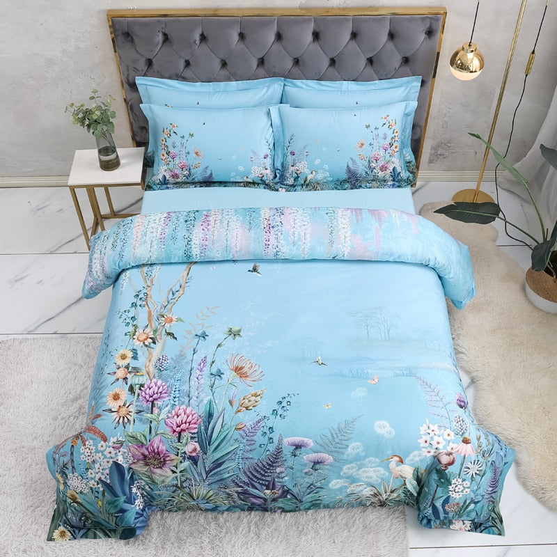 Azure Bloom Duvet Cover Set (Egyptian Cotton, 500 TC) | Luvikno