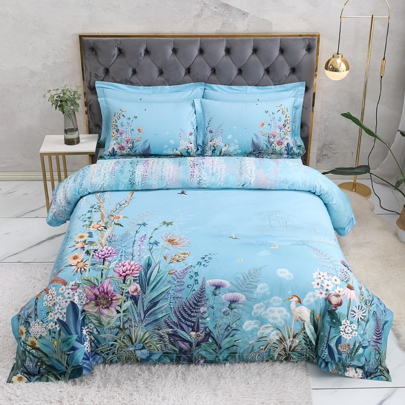 Azure Bloom Duvet Cover Set (Egyptian Cotton, 500 TC) | Luvikno