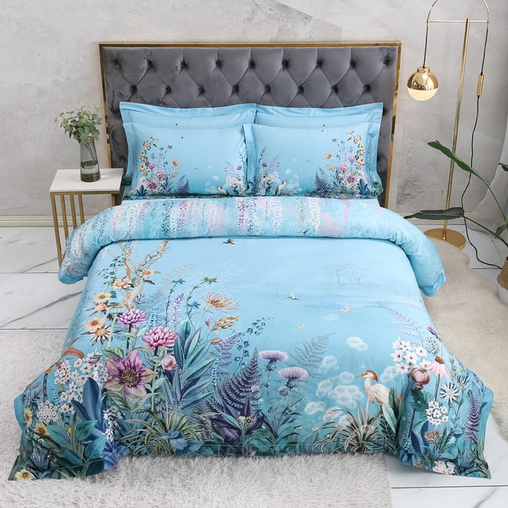 Azure Bloom Duvet Cover Set (Egyptian Cotton, 500 TC) | Luvikno