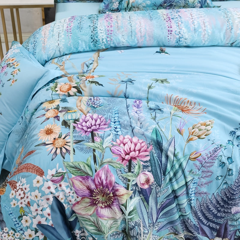 Azure Bloom Duvet Cover Set (Egyptian Cotton, 500 TC) | Luvikno