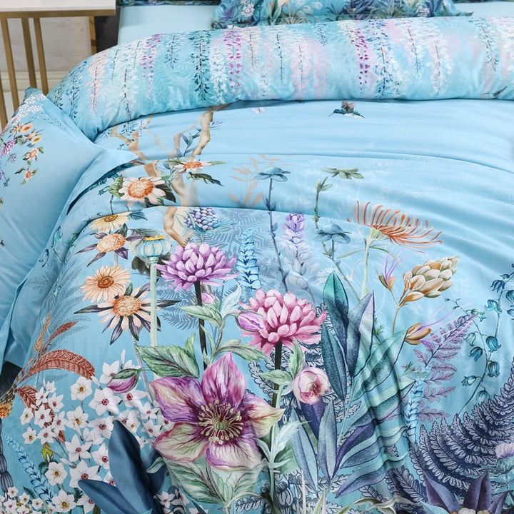 Azure Bloom Duvet Cover Set (Egyptian Cotton, 500 TC) | Luvikno