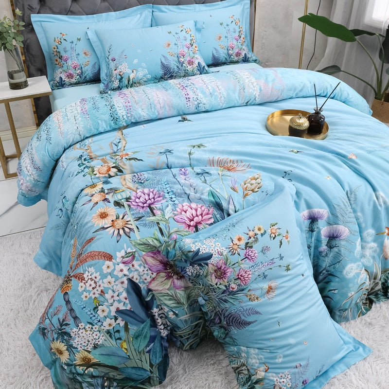 Azure Bloom Duvet Cover Set (Egyptian Cotton, 500 TC) | Luvikno