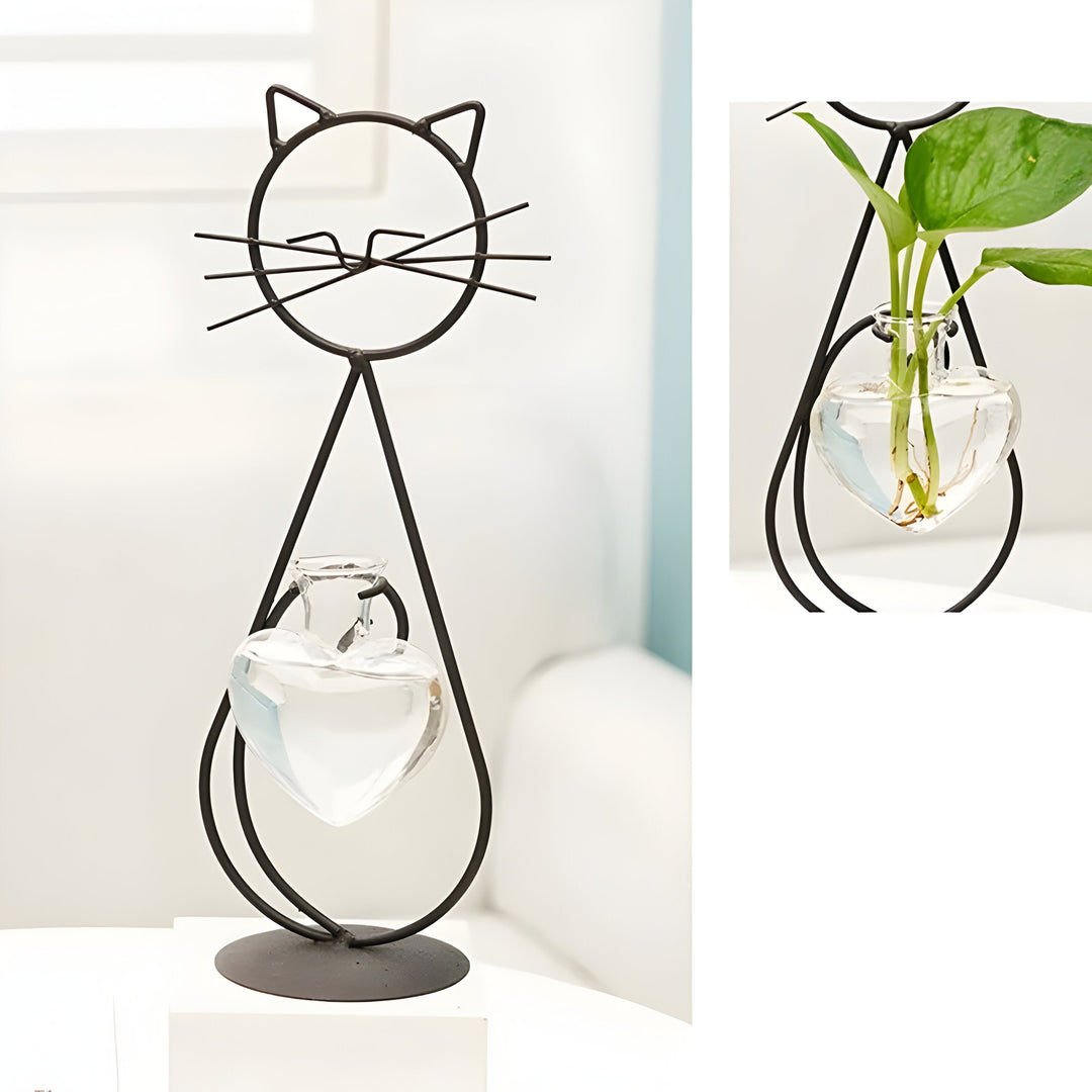 AquaPurr Vase - Hydroponisk Glass Hjertevase med Katteformet Holder | Luvikno