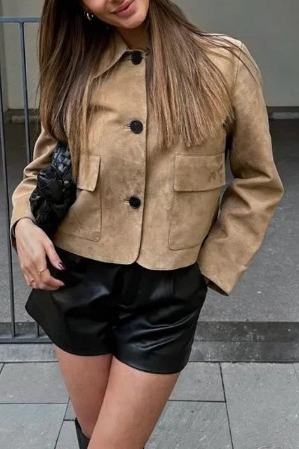 Luvik | Knapplomme Kunstlær Crop Jakke