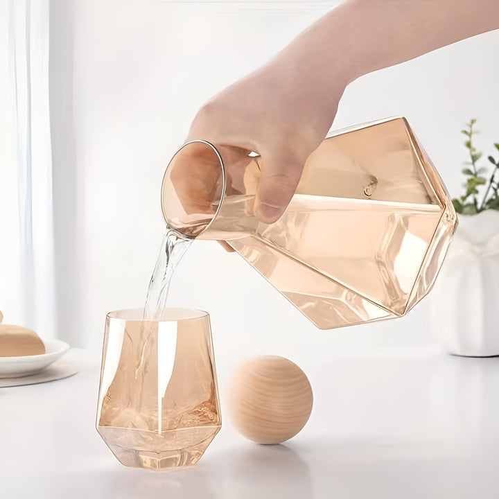 Diamant glass bilkarafels sett med 4 glass – moderne og dekorativ | 5-delt sett med lokk for vann, juice og vin | Luvikno