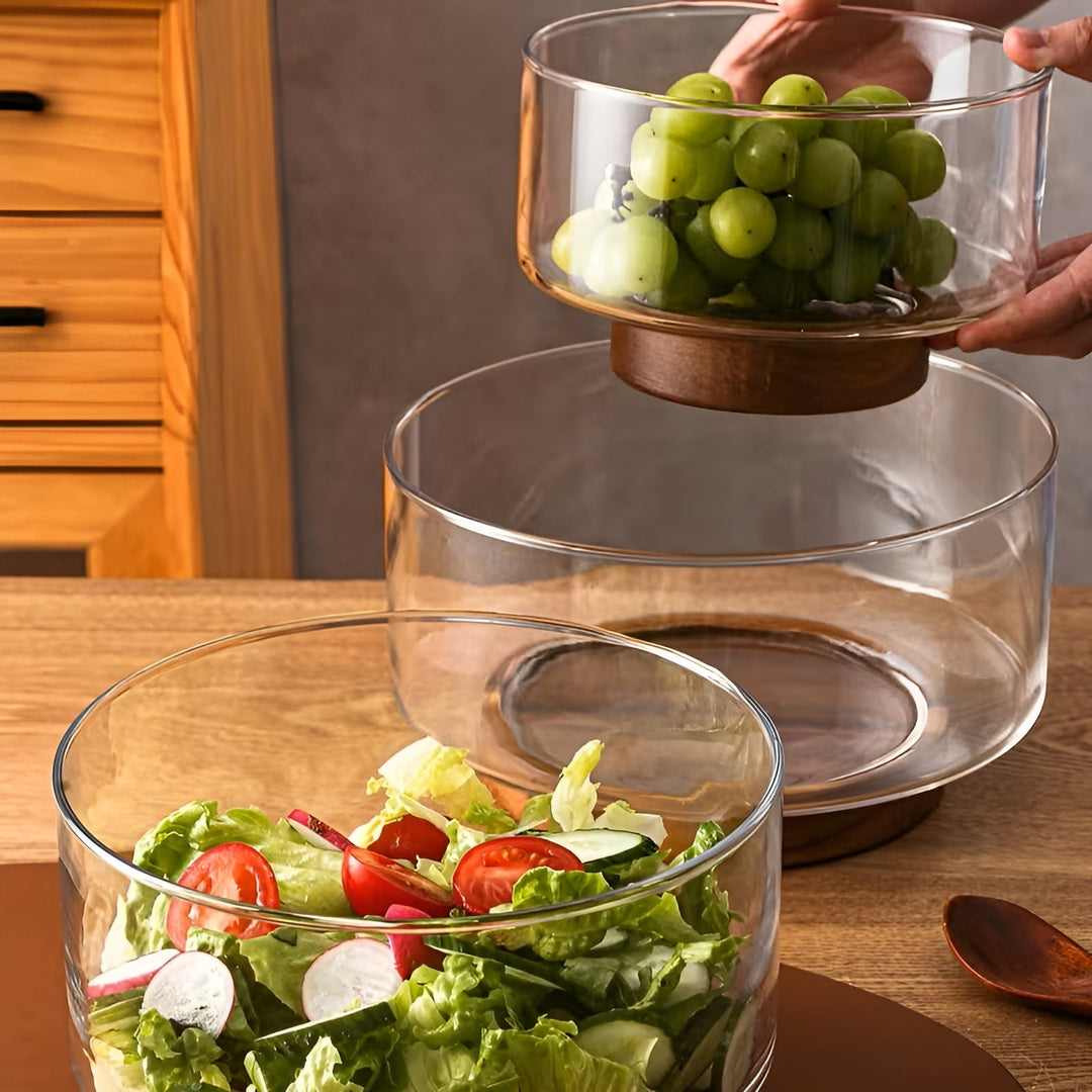 Glasskål med trebase – Elegant og dekorativ | Perfekt for frukt, snacks og salater på kjøkkenet | Luvikno