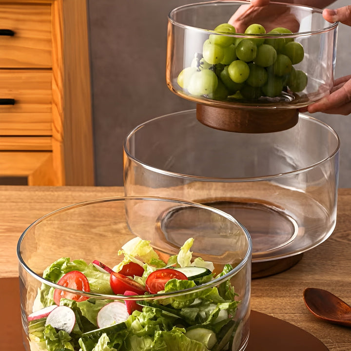 Glasskål med trebase – Elegant og dekorativ | Perfekt for frukt, snacks og salater på kjøkkenet | Luvikno