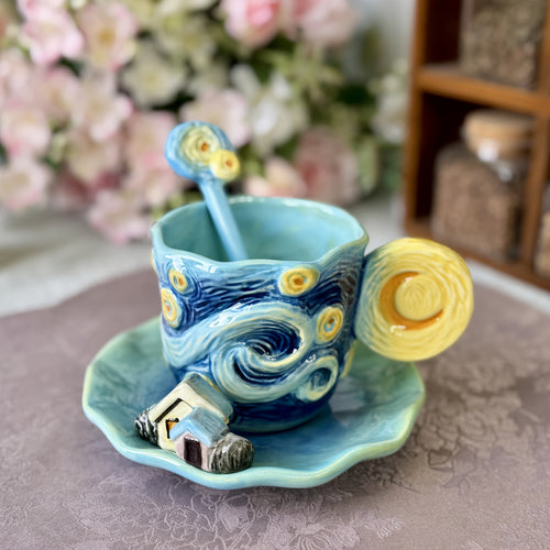ArtSip keramikkopp og underkoppsett – Håndmalt 3D-design inspirert av Van Gogh | Luvikno
