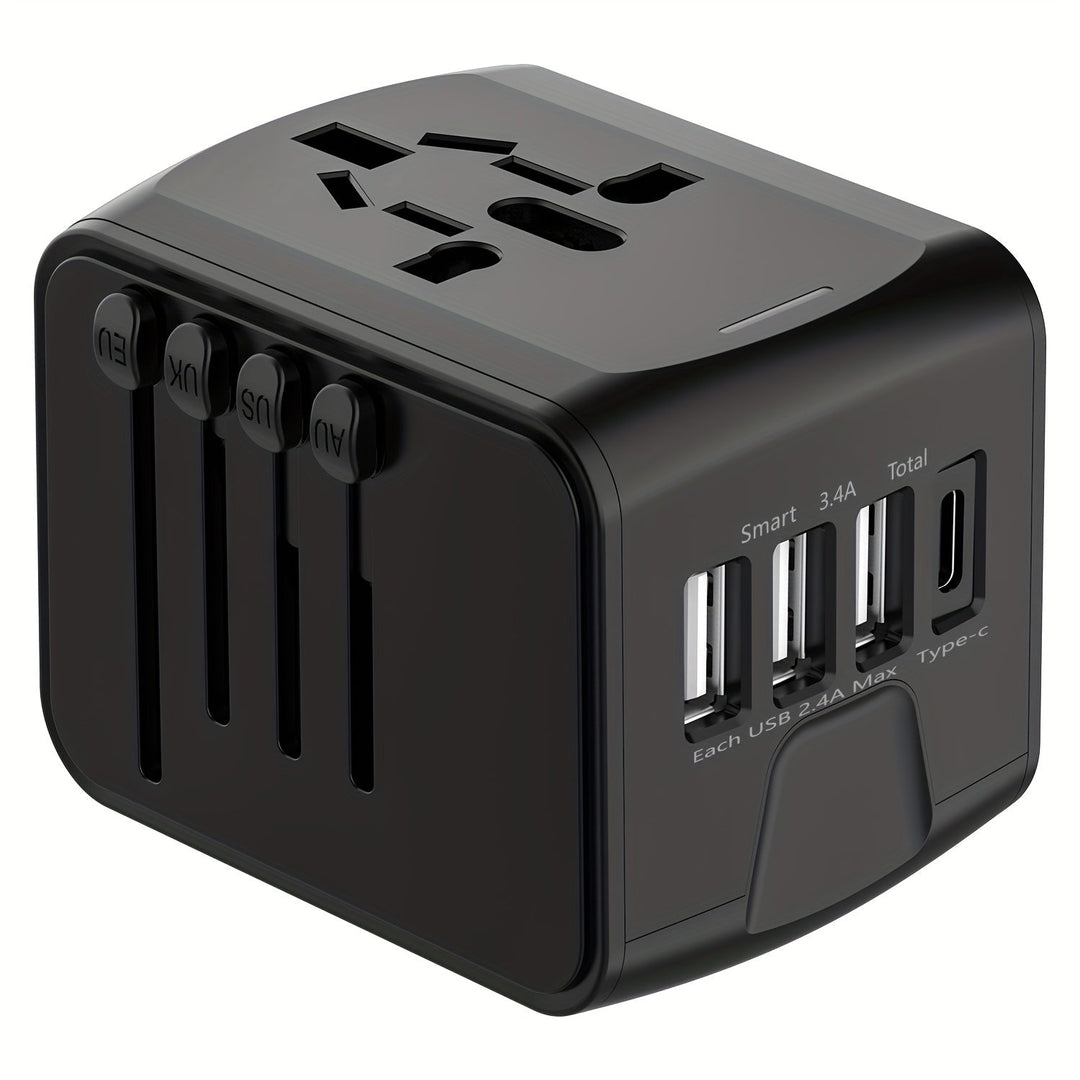Luvikno | Universell reiseadapter med 4 USB-porter og Type-C – Verdensomspennende kompatibilitet, hurtiglading sikkerhetsfunksjoner