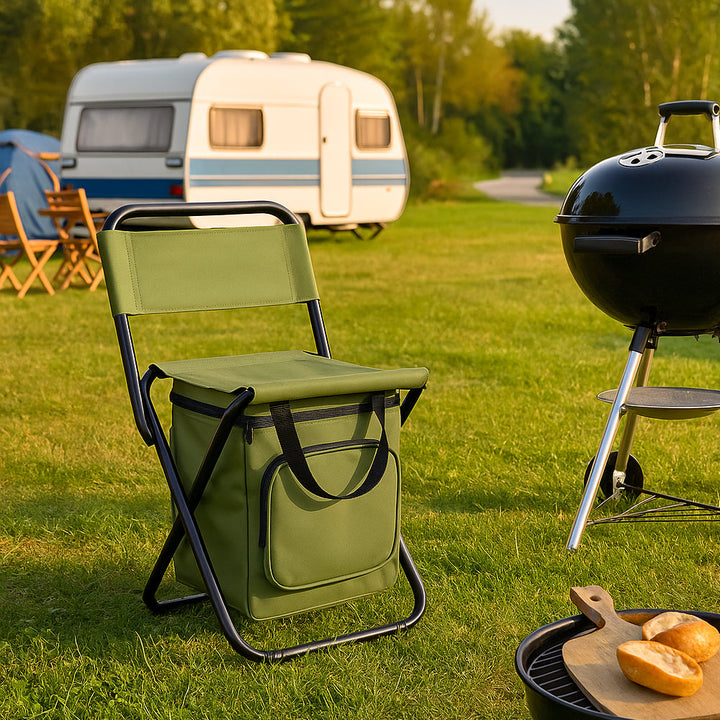 ChillPack Utendørs Stol – Sammenleggbar Campingstol med Ryggstøtte og Integrert Kjølebag | Luvikno