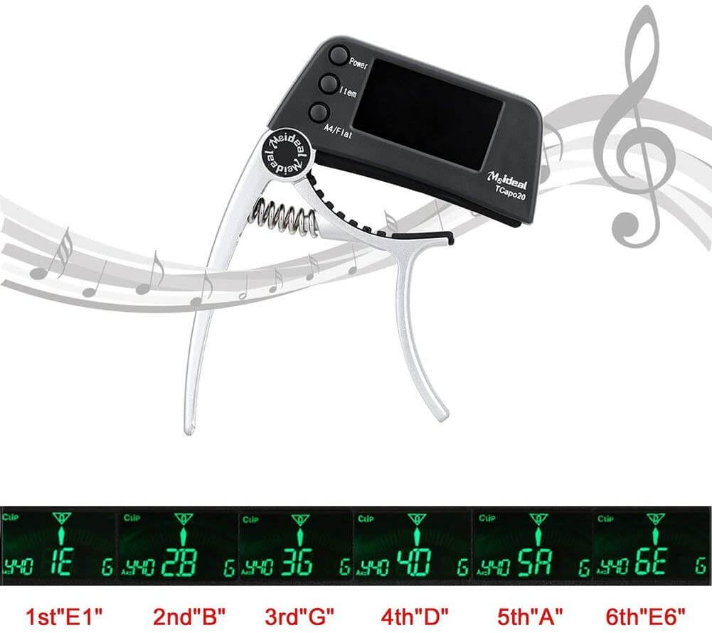 Capo & Tuner "TuneGrip" – 2-i-1 gitar tilbehør med LCD-skjerm | Luvikno
