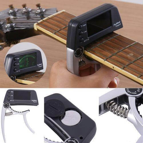 Capo & Tuner "TuneGrip" – 2-i-1 gitar tilbehør med LCD-skjerm | Luvikno