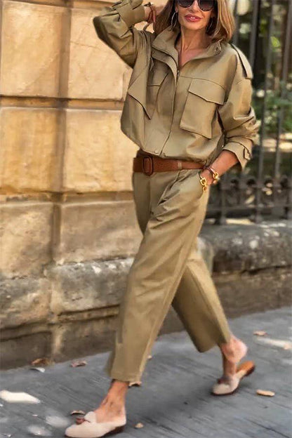 Luvik | Charm Strap Details Tasku Cargo Tyyli Vetoketju Rento Takki