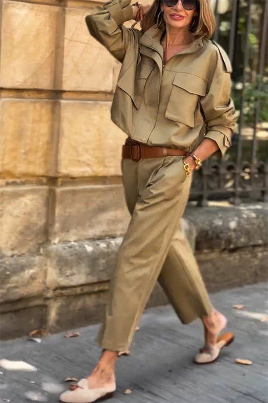 Luvik | Charm Strap Details Tasku Cargo Tyyli Vetoketju Rento Takki