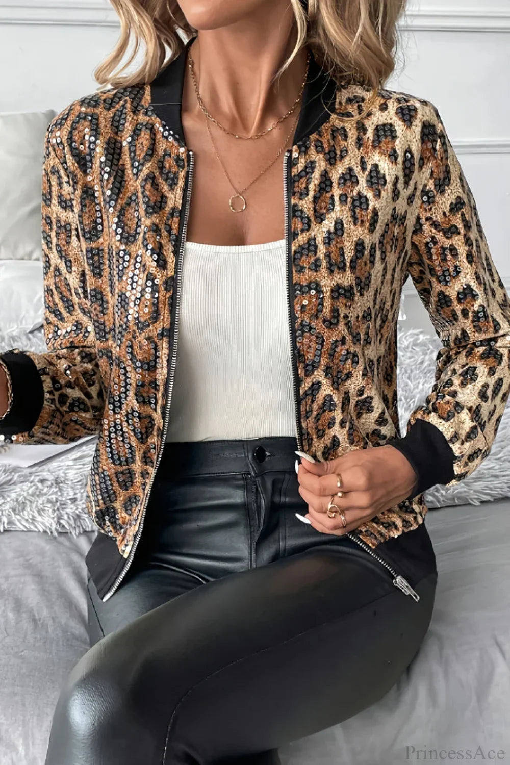 Luvik | Glitrende leopard-print baseball-kort jakke