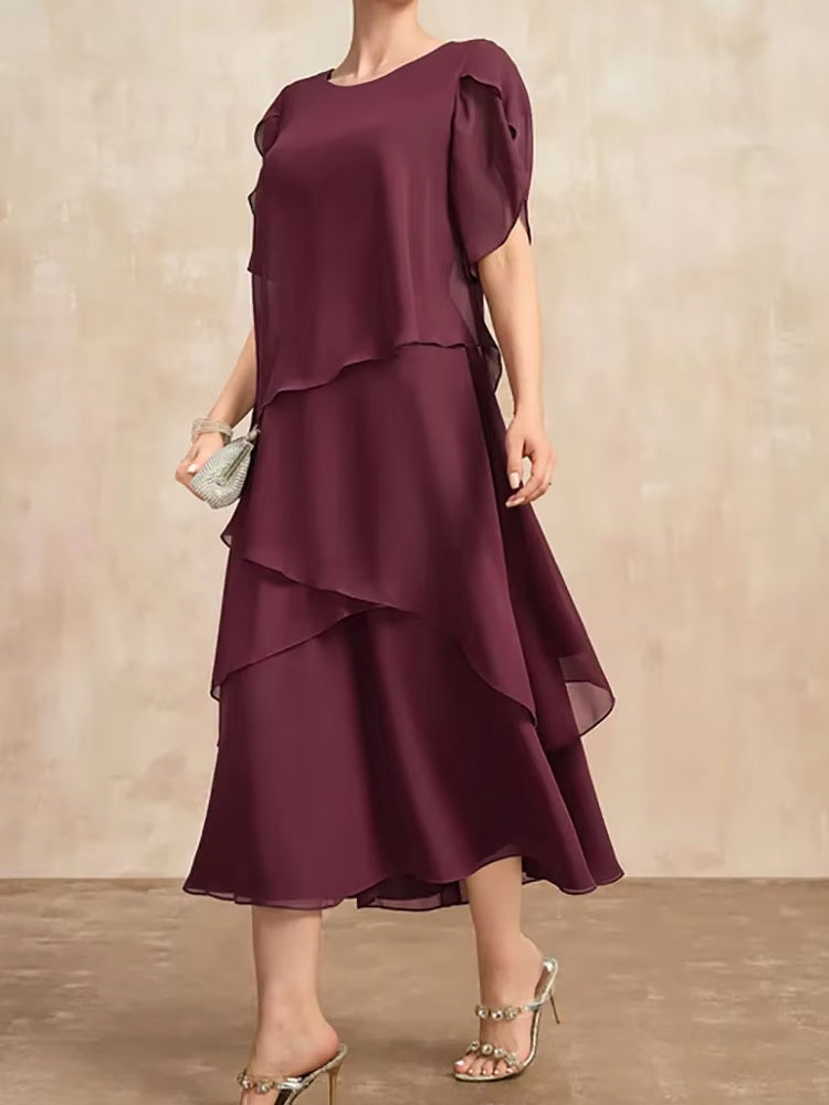 Luvik | Elegant Naiset Burgundin Chiffon Midi Mekko