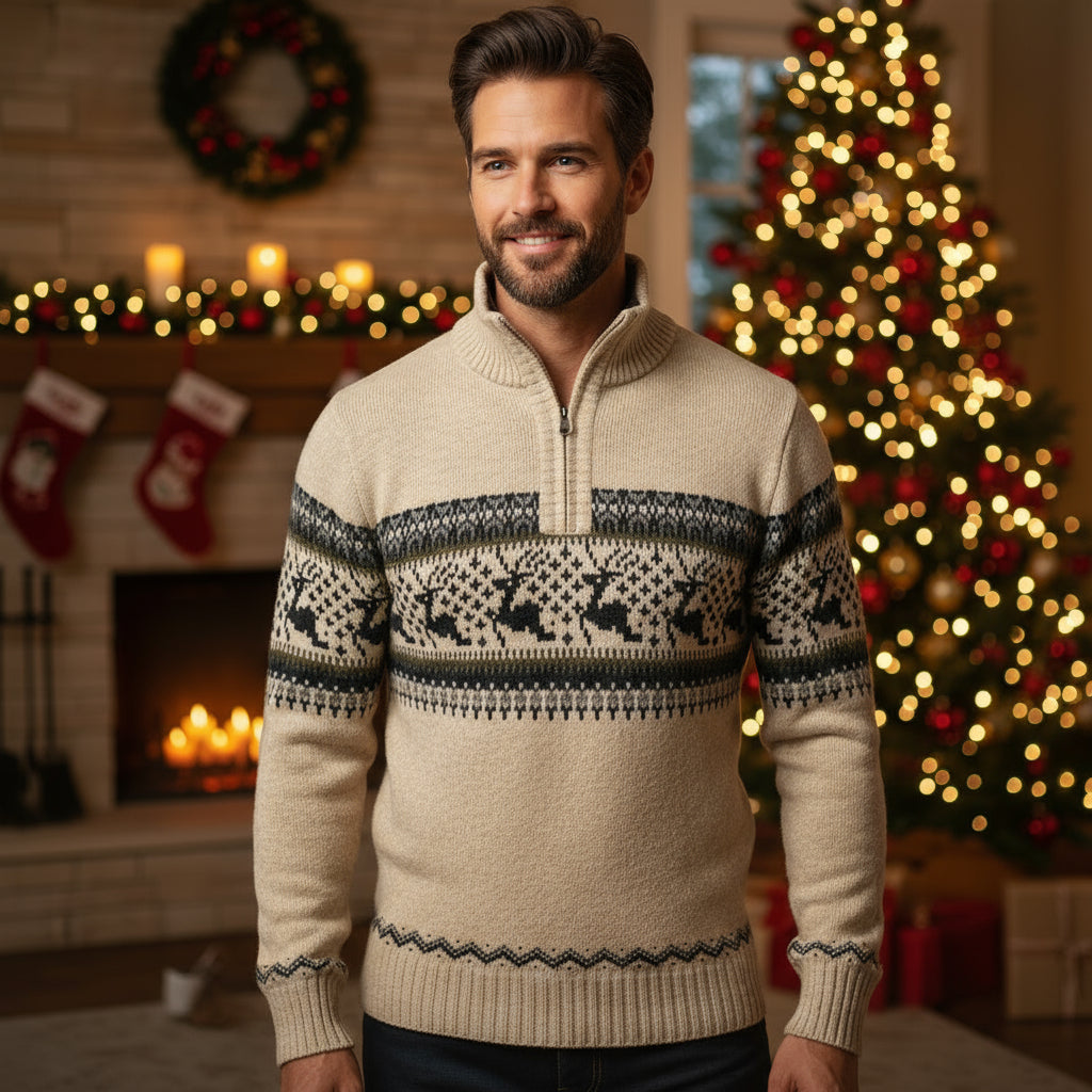 Luvik | Talvi Neulepusero miehille - lämmin neulepusero puolivetoketjulla & skandinaavinen porokuvio