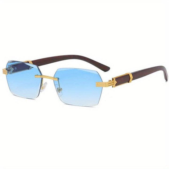 Rimless solbriller med rektangulære linser og faux tre templer – Verro | Luvikno