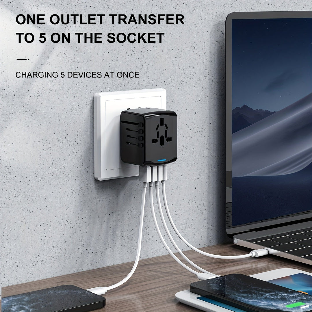 Luvikno | Universell reiseadapter med 4 USB-porter og Type-C – Verdensomspennende kompatibilitet, hurtiglading sikkerhetsfunksjoner