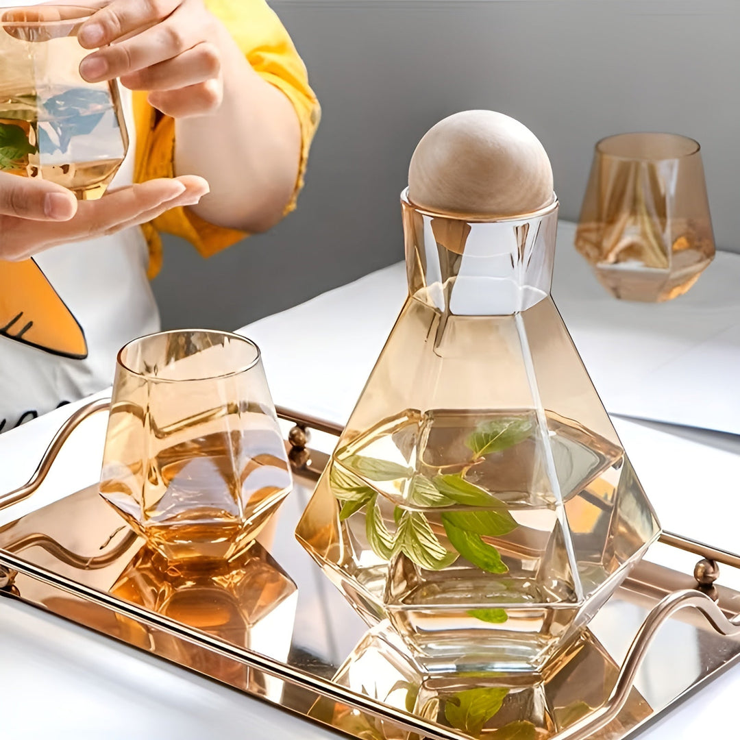 Diamant glass bilkarafels sett med 4 glass – moderne og dekorativ | 5-delt sett med lokk for vann, juice og vin | Luvikno