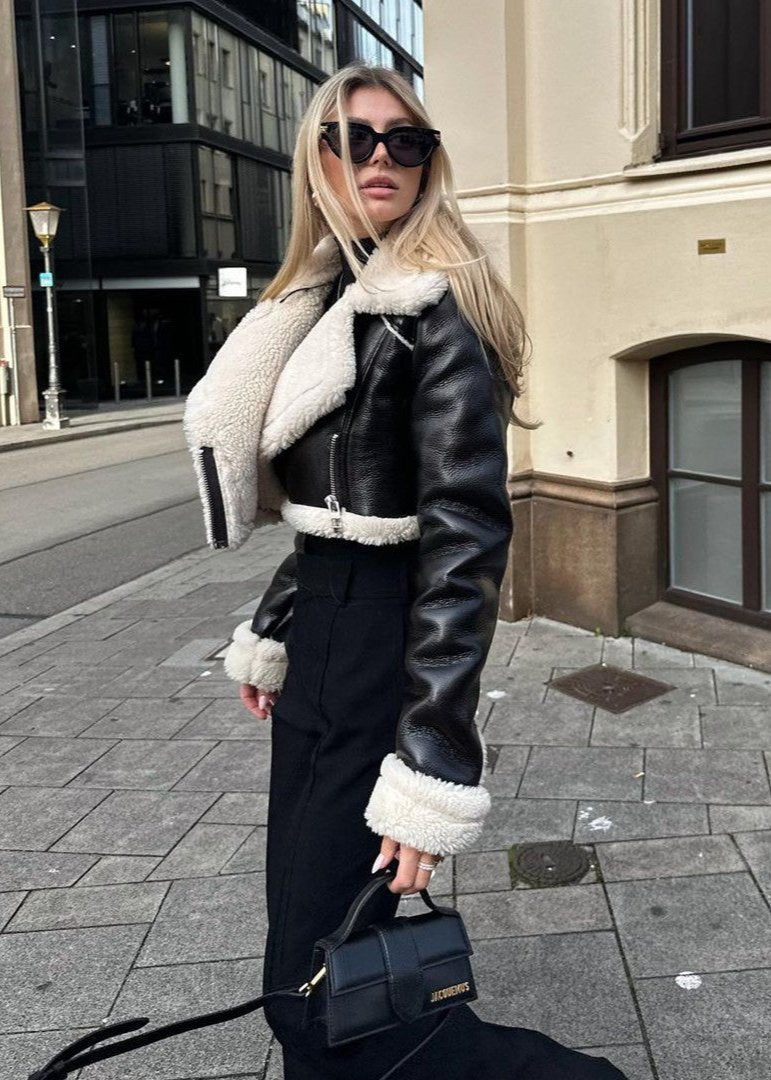 Luvik | Sherpa Trim Nahkatakki - Lyhyt vetoketjutyylinen