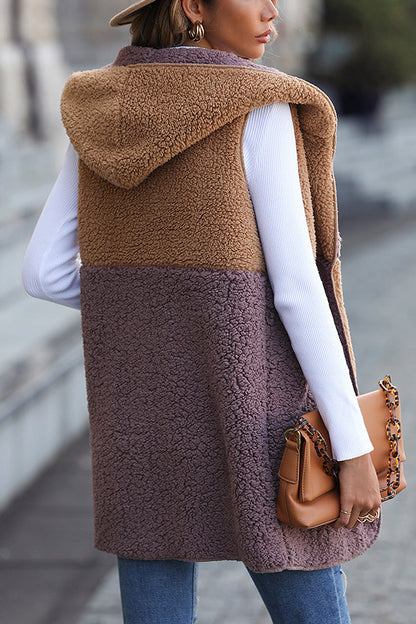 Luvik | Olkaimeton Colorblock-taskuton Keskipitkä Cardigan Puff-Velour-takki